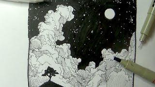 Pen amp Ink Drawing Tutorials  How to draw a night sky landscape with moon stars amp clouds [upl. by Niveg326]