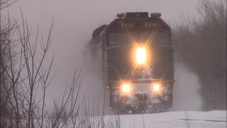 Dashing thru the Snow VIA 14 Ocean Train thru Painsec Junction at Track Speed Creates a Blizzard [upl. by Iddo]