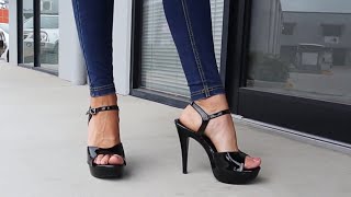 Amanda Tries Out Fabulicious COCKTAIL 509 Black Shiny 5 Inch High Heel Shoes With Freddy Jeans [upl. by Ileak]