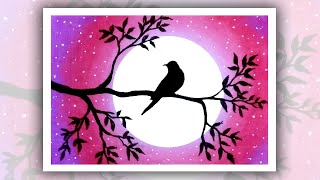 How to draw an alone Bird Easy Oil Pastel Drawing for Beginners moonlight Drawing [upl. by Thayne237]