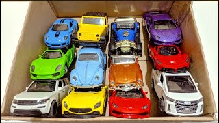 Box full of various miniature cars Peugeot Jaguar Pagani Hyundai Cadillac One Opel DHL [upl. by Leicester]