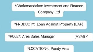 Hiring Area sales Manager  Chola investment and Finance company Ltd  Pondy location [upl. by Droc]