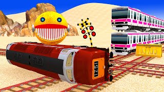 【踏切アニメ】スマートトレインPACMAN DESTROY BARRIER HELP 4 TRAINS🚦Fumikiri 3D Railroad Crossing Animation train [upl. by Dina820]