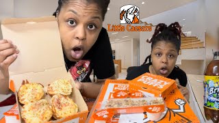 LITTLE CAESARS MUKBANG The NEW Crazy Puffs Pretzel Cheese Pizza Twix Cookie Dough Brownie [upl. by Ariana282]