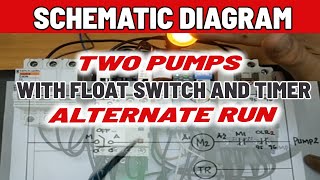 SCHEMATIC DIAGRAM  ALTERNATE RUN OF TWO PUMPS WITH FLOAT SWITCH AND TIMER [upl. by Uda]