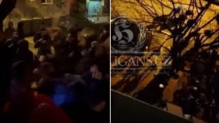 Shocking moment Red Star hooligans storm Man City bar and beat supporters with sticks ahead of [upl. by Oisinoid762]