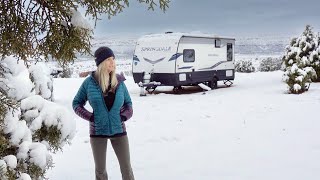 HUNKERING DOWN IN A SNOW STORM Cozy in my Trailer  Living in a Travel Trailer  Winter Camping [upl. by Mharba]