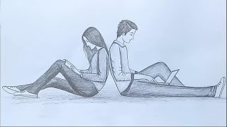 How to draw a boy and a girl sitting back to back  pencil sketch [upl. by Ralph697]