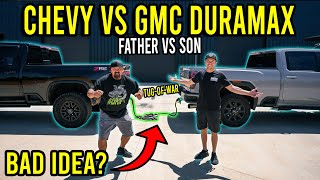 2024 GMC AT4 Duramax VS 2024 Chevy ZR2 Duramax  Father VS Son Tug Of War [upl. by Esnahc]