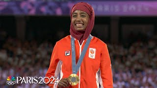 Sifan Hassan takes in medal ceremony after winning women’s marathon gold  Paris Olympics [upl. by Srednas]