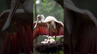 Mother Spoonbill Bird Sheltering Her Chicks from the Rain mother birds parrot [upl. by Asilram]