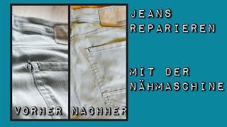 Gerissene Jeans reparieren für Anfänger geeignet nähen flicken Loch Gesässtasche Nachhaltigkeit [upl. by Deedahs]