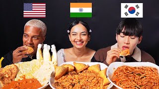 American and Korean Tries INDIAN FOOD For The First Time SAMOSABIRYANICURRYNAAN ASMR MUKBANG [upl. by Krystyna]