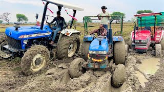 3 tractor Pulling together Mahindra Arjun NOVO 605 di 4wd Stuck in Mud Eicher 485  New Hollad 5500 [upl. by Adnohsad]