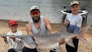 Fishing trip My 7 year old reels out a 100lbs PADDLEFISH [upl. by Letsou]