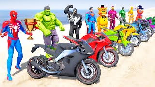 Motorcycles Challenge RACE on Cliff Roads with SuperheroesSpiderMan Goku Hulk Iron Man  GTA 5 [upl. by Odnomra]