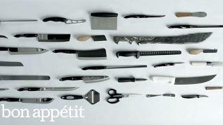 25 Knives 47 Knife Skills  Bon Appetit [upl. by Ahsimed]