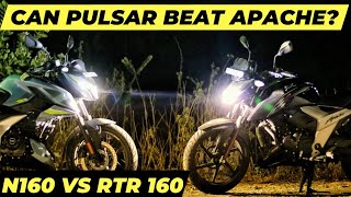 TVS APACHE RTR 160 4V VS BAJAJ PULSAR N160 HEADLIGHT COMPARISION BI FUNCTIONAL PROJECTOR LED [upl. by Aniv3]