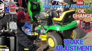 FREE JOHN DEERE LA105 LAWN TRACTOR GAS IN CRANKCASE OIL CHANGE BRAKE CALIPER ADJUSTMENT FIRST RIDE [upl. by Maighdlin]