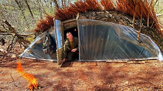 Building a Reed Shelter Waterproof  Bushcraft in the Secret Place  Warm and Cozy House Amazing [upl. by Anilam664]